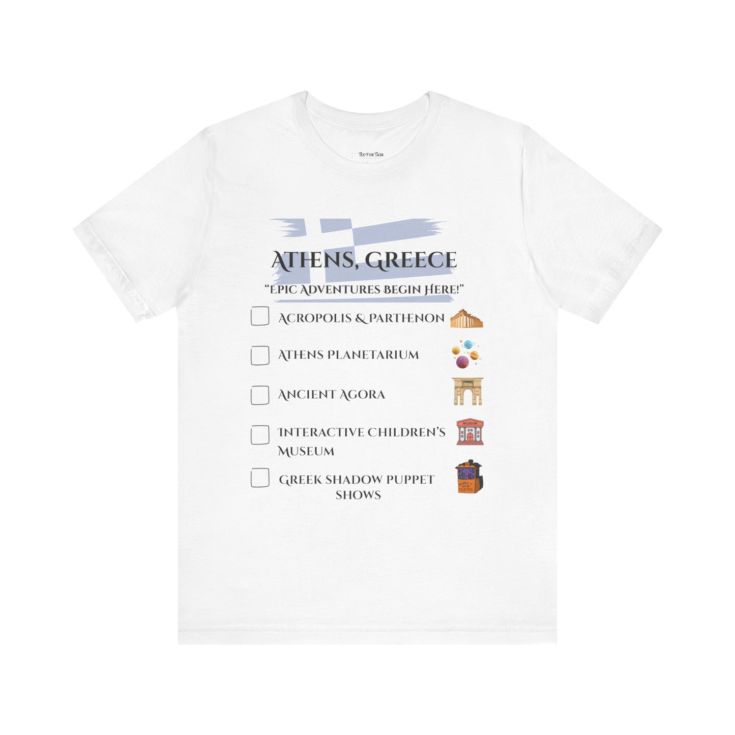 White t-shirt with Athens, Greece attractions checklist on a white background