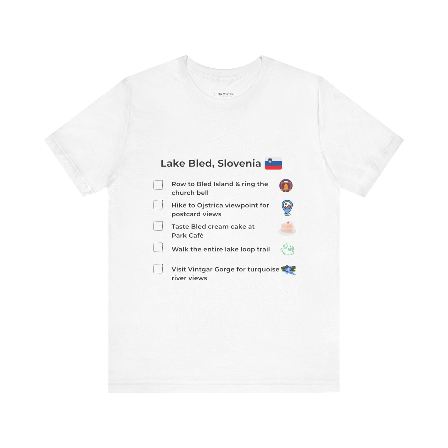 White t-shirt with a checklist of activities related to Lake Bled, Slovenia on a white background.