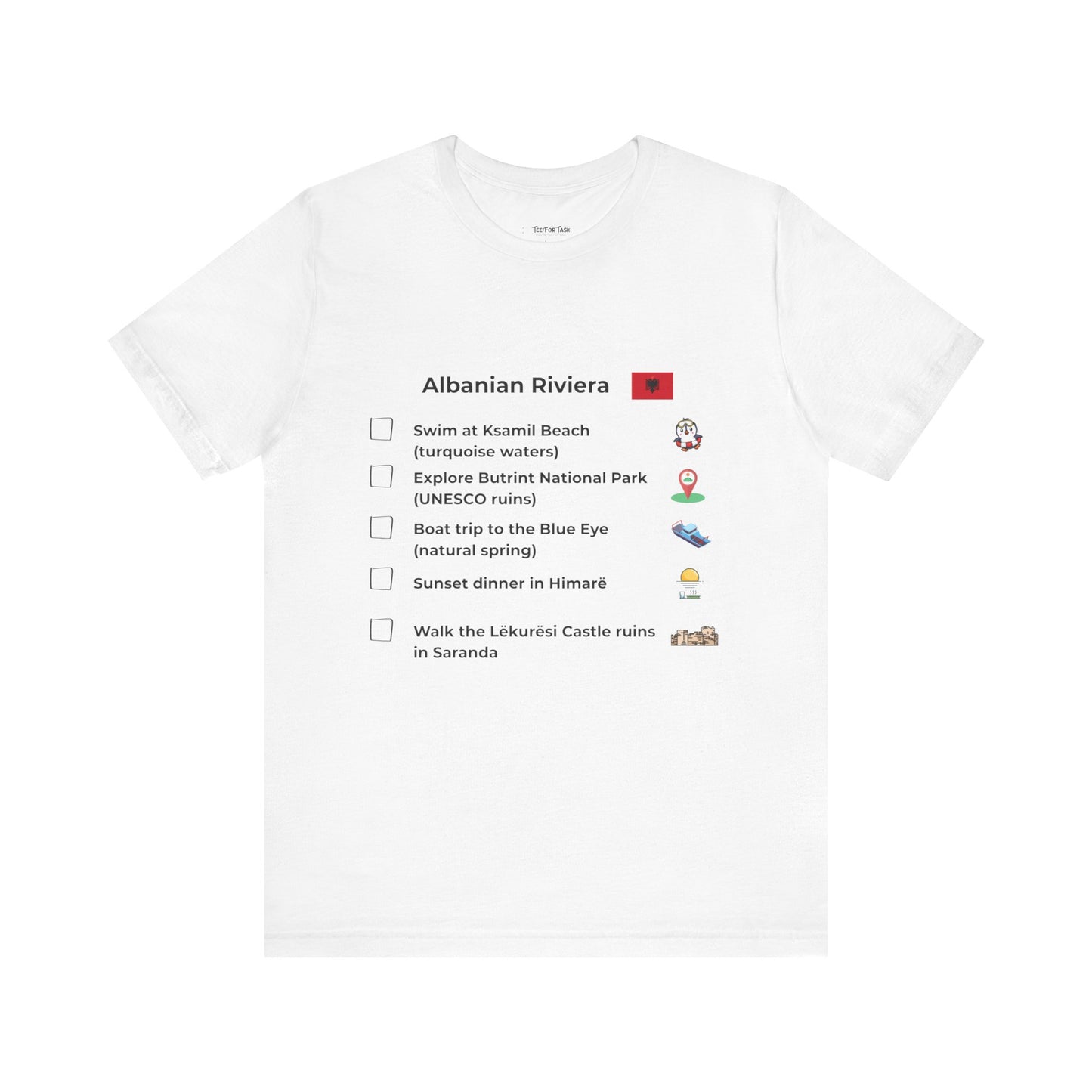 White t-shirt Albania riveria with text and icons on a white background