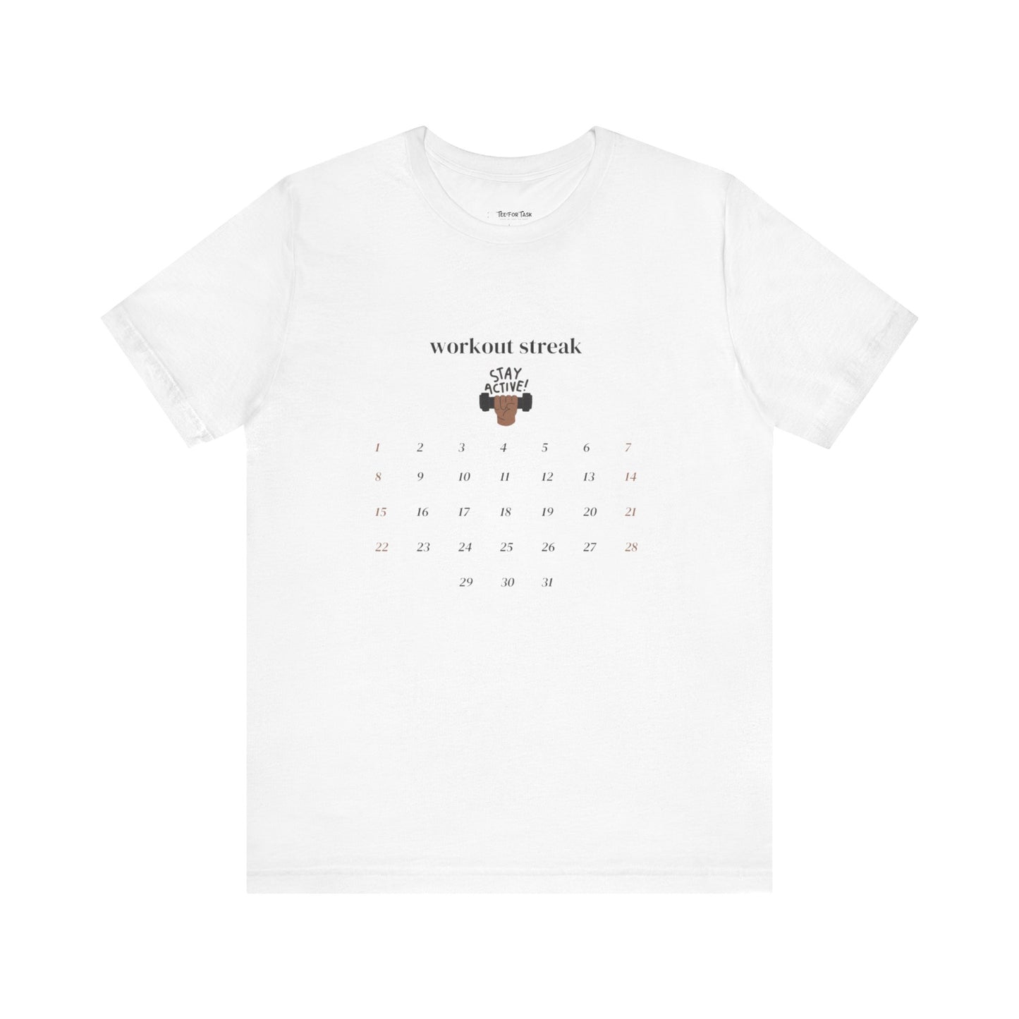 White t-shirt with a workout calendar design and text on a white background