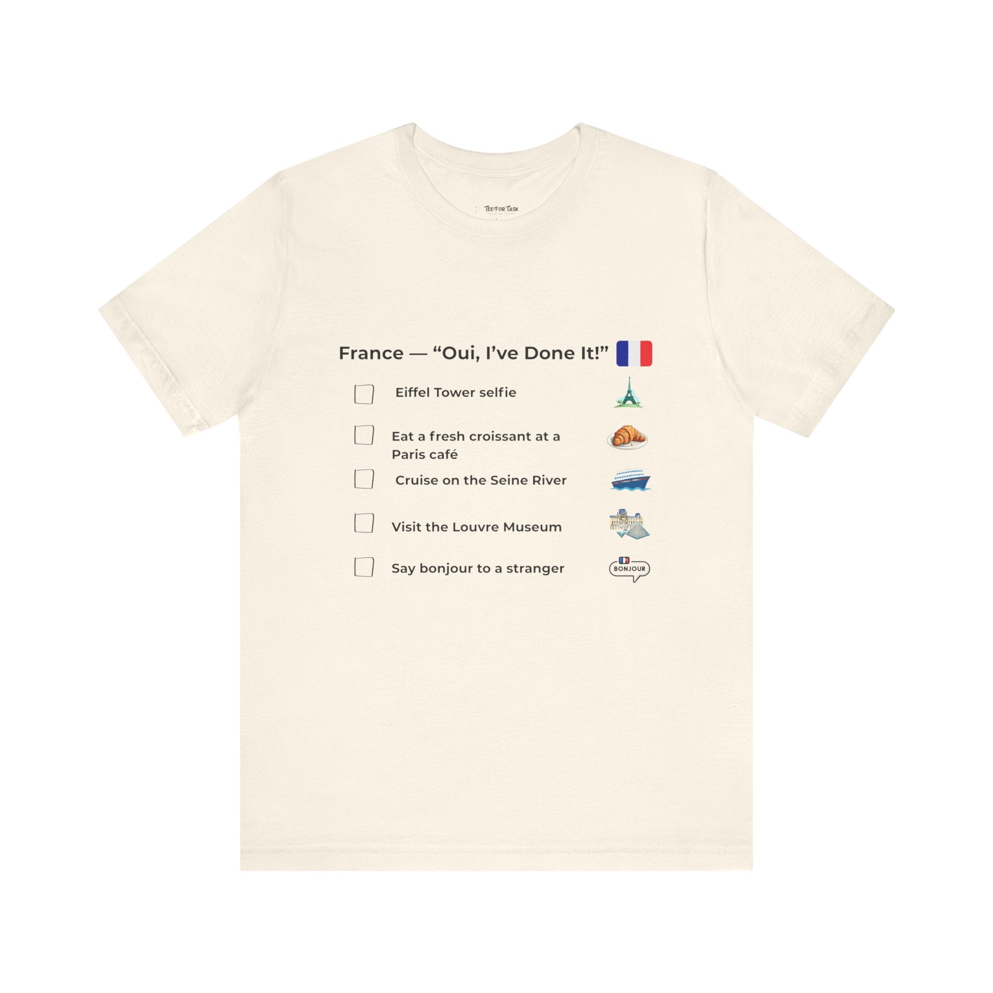 White t-shirt France travel tee and icons on a white background