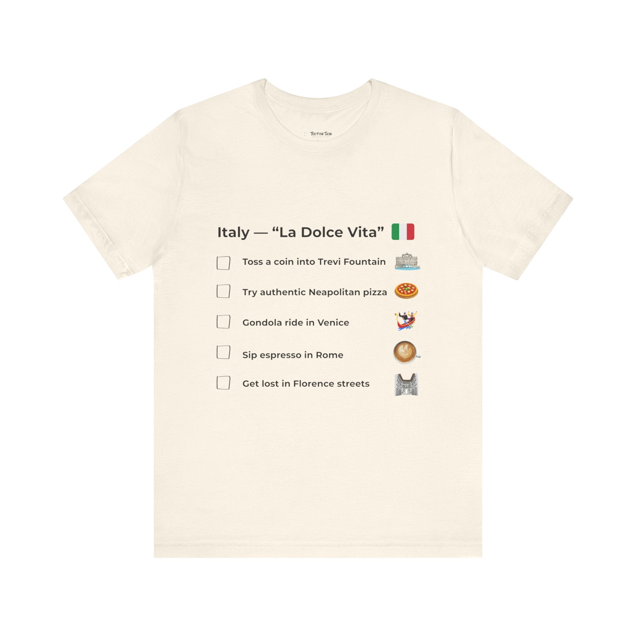 White t-shirt with Italian-themed checklist and icons on a white background