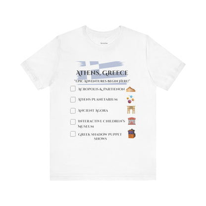 White t-shirt with Athens, Greece attractions checklist on a white background