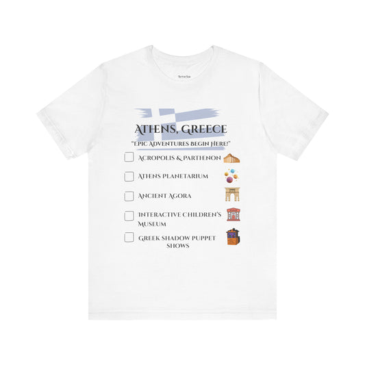 White t-shirt with Athens, Greece attractions checklist on a white background