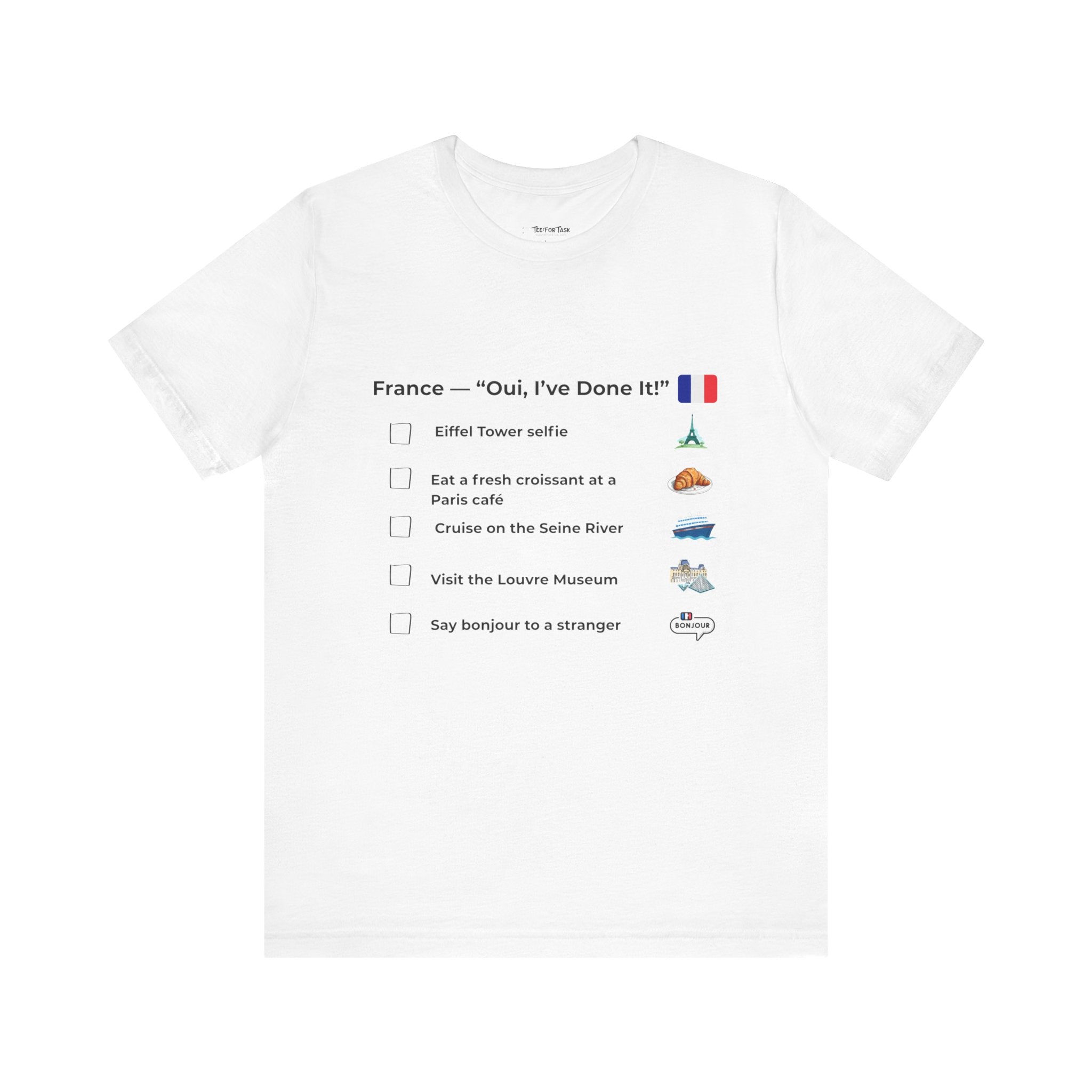 White t-shirt France travel tee and icons on a white background