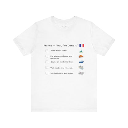 White t-shirt France travel tee and icons on a white background