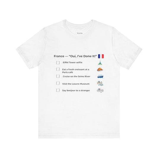 White t-shirt France travel tee and icons on a white background