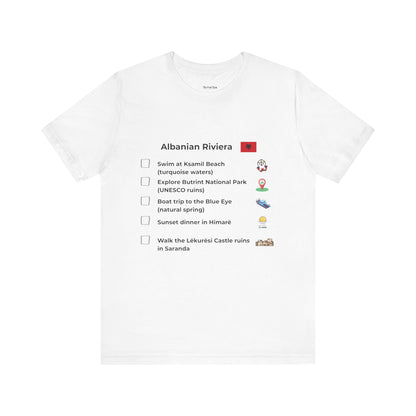White t-shirt Albania riveria with text and icons on a white background