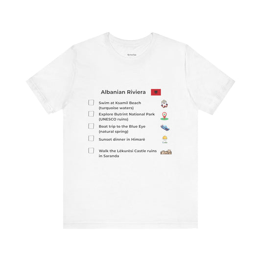 White t-shirt Albania riveria with text and icons on a white background
