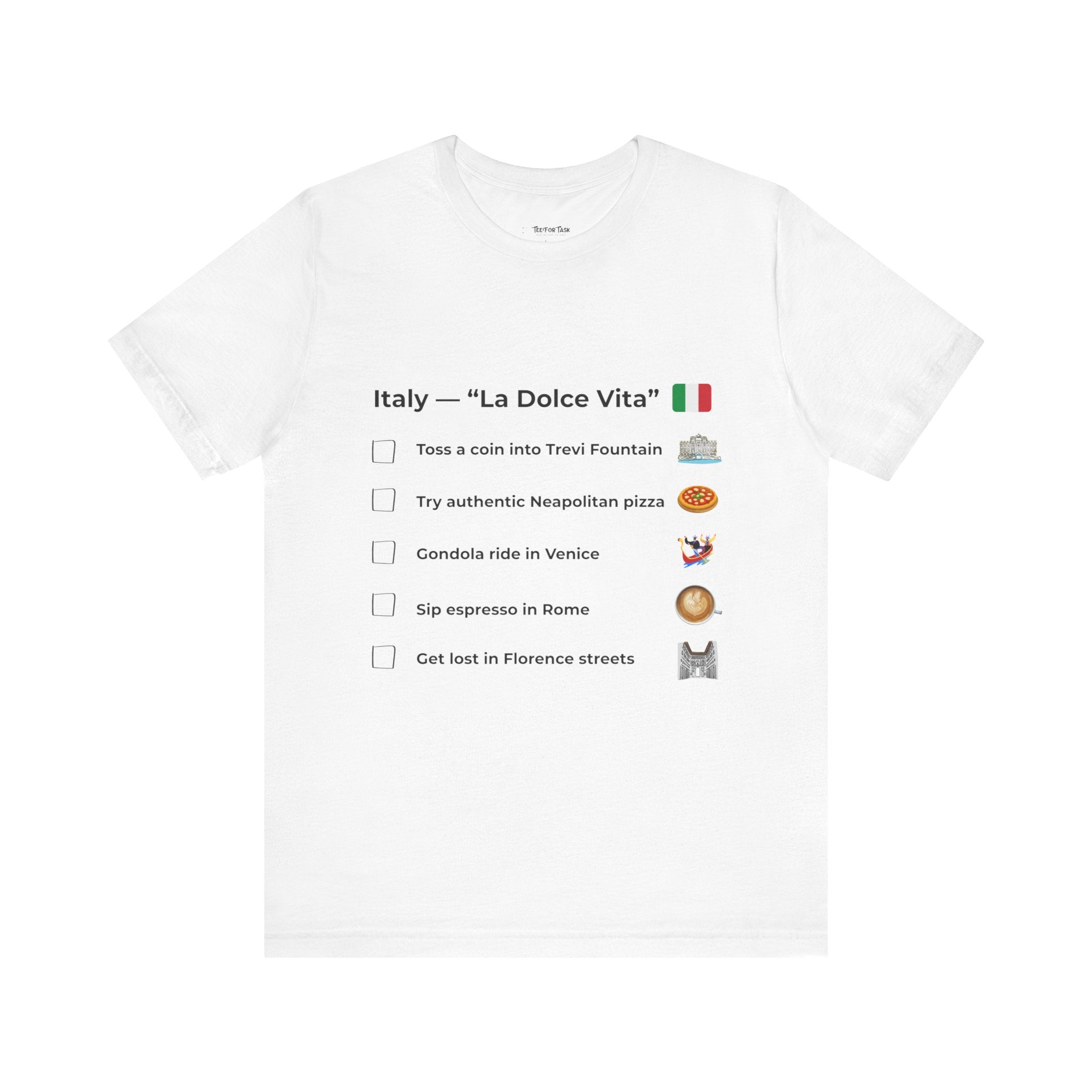 White t-shirt with Italian-themed checklist and icons on a white background