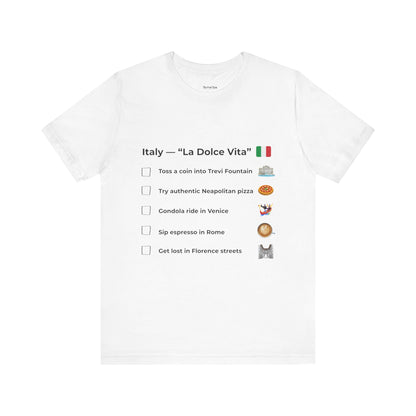 White t-shirt with Italian-themed checklist and icons on a white background