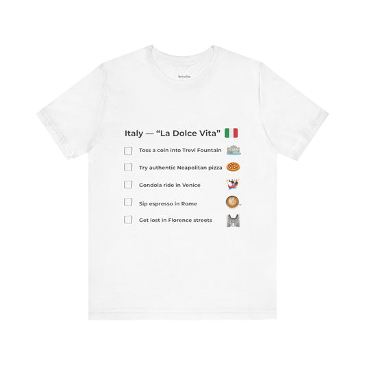White t-shirt with Italian-themed checklist and icons on a white background