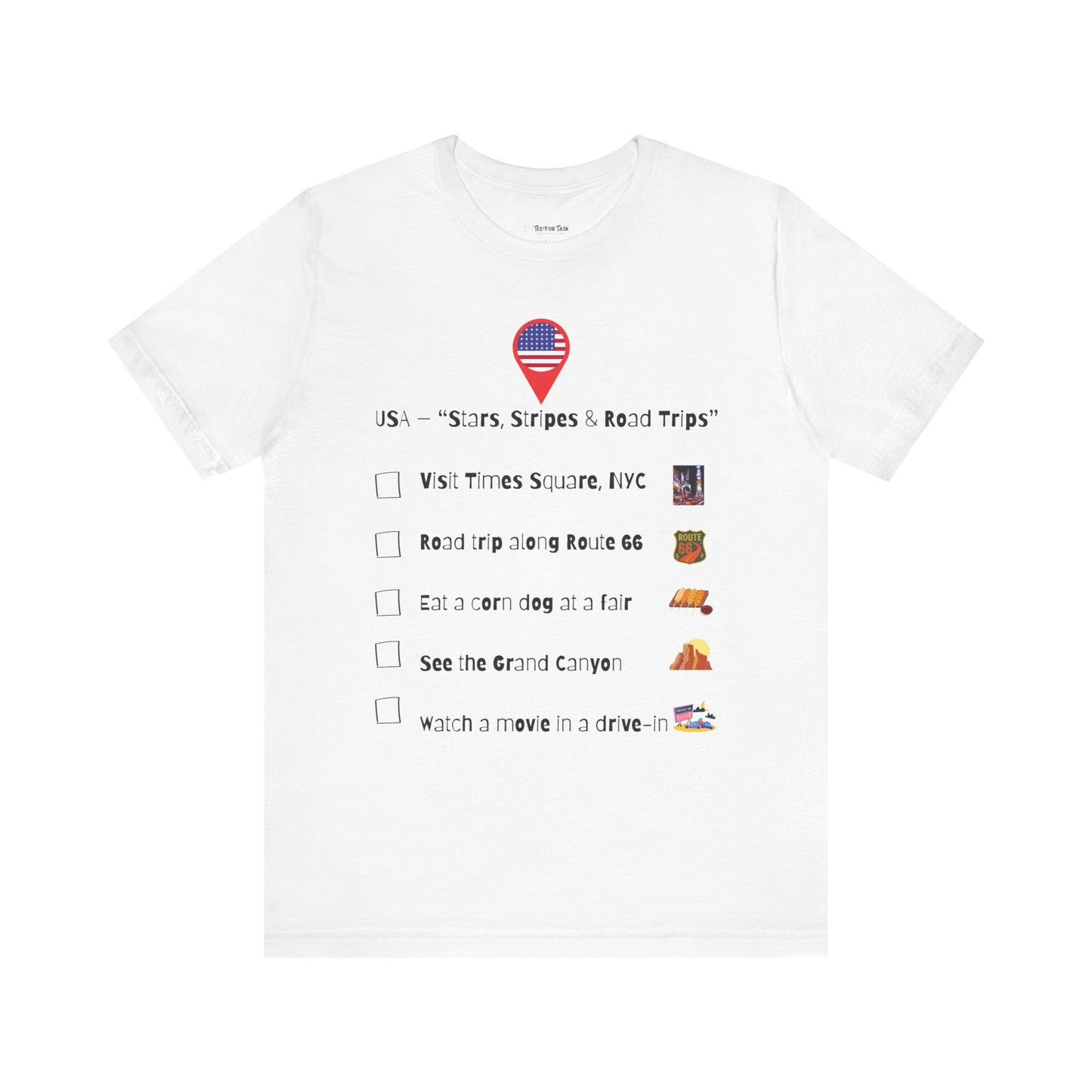 White t-shirt with USA-themed graphic and checkboxes on a white background
