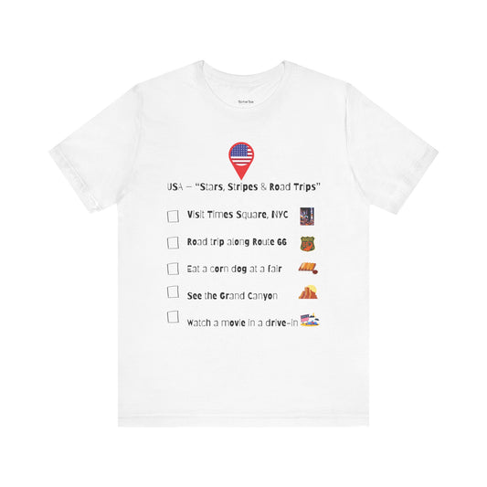 White t-shirt with USA-themed graphic and checkboxes on a white background