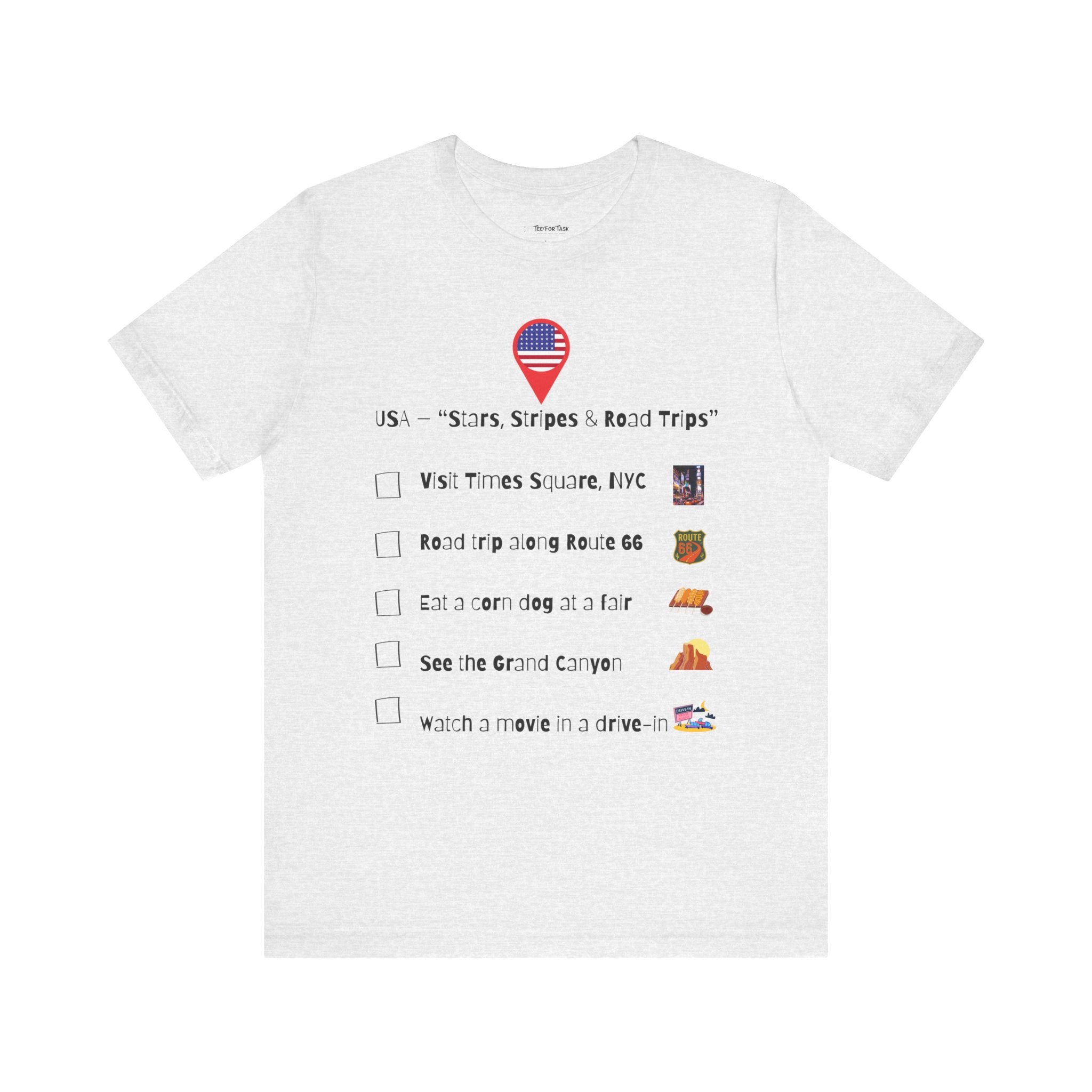 White t-shirt with USA-themed text and checkboxes on a white background