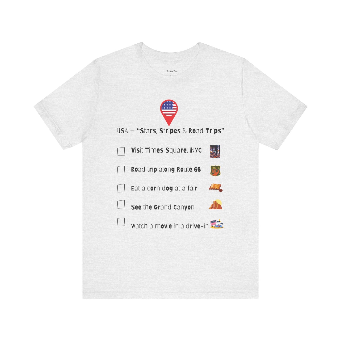 White t-shirt with USA-themed text and checkboxes on a white background