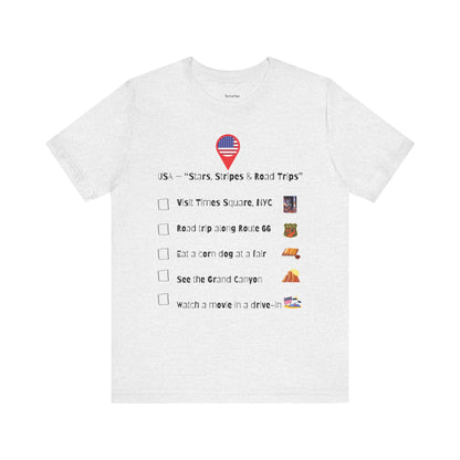 White t-shirt with USA-themed text and checkboxes on a white background