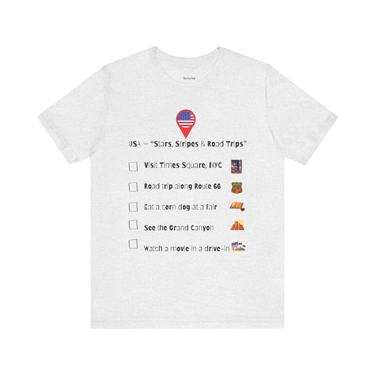 White t-shirt with USA-themed text and checkboxes on a white background